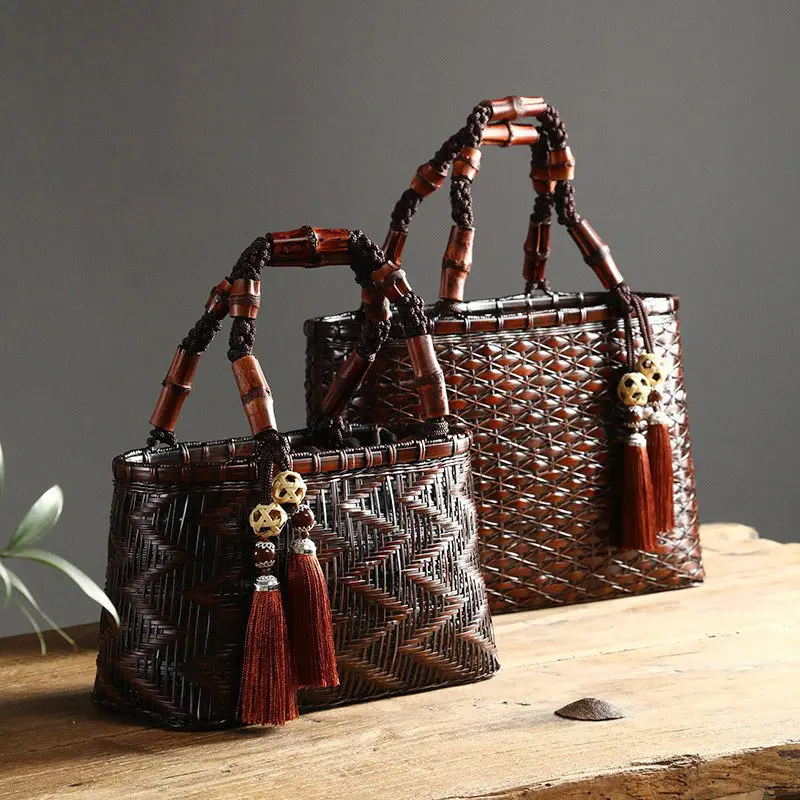Handmade bamboo handbag Japanese art bag tea set storage retro women's bag vacation portable basket