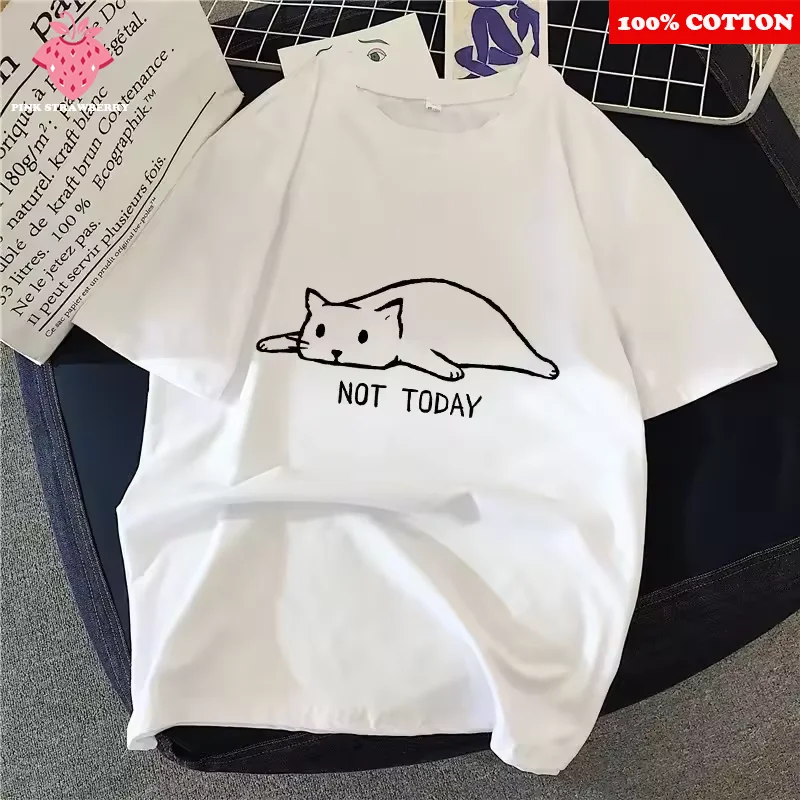

Cute Cat Print White T-shirt Women Summer New 100% Cotton Loose Casual Short sleeve Tee Y2k Tops korean popular Ladies clothing