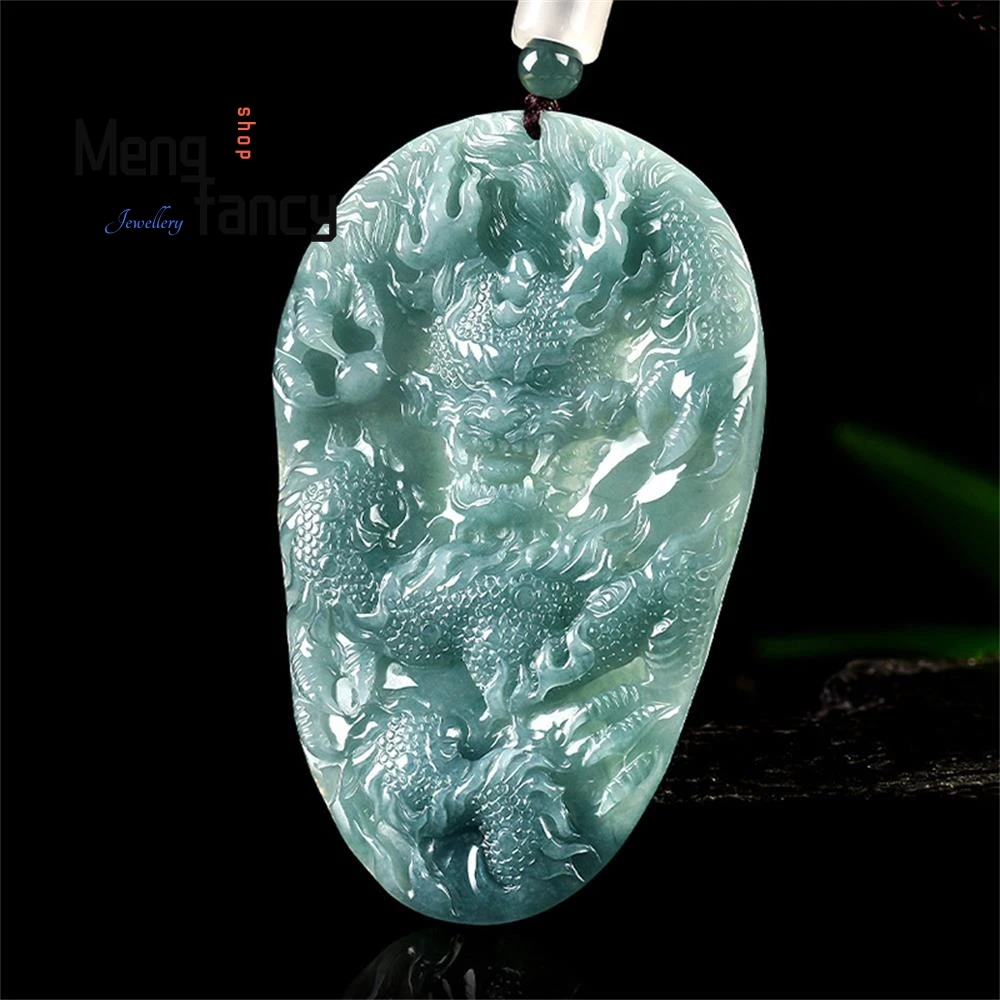 

Natural A-grade Jadeite Blue Water Zodiac Domineering Dragon Soaring for Miles Ice Type Jade Pendant High-grade Fashion Jewelry