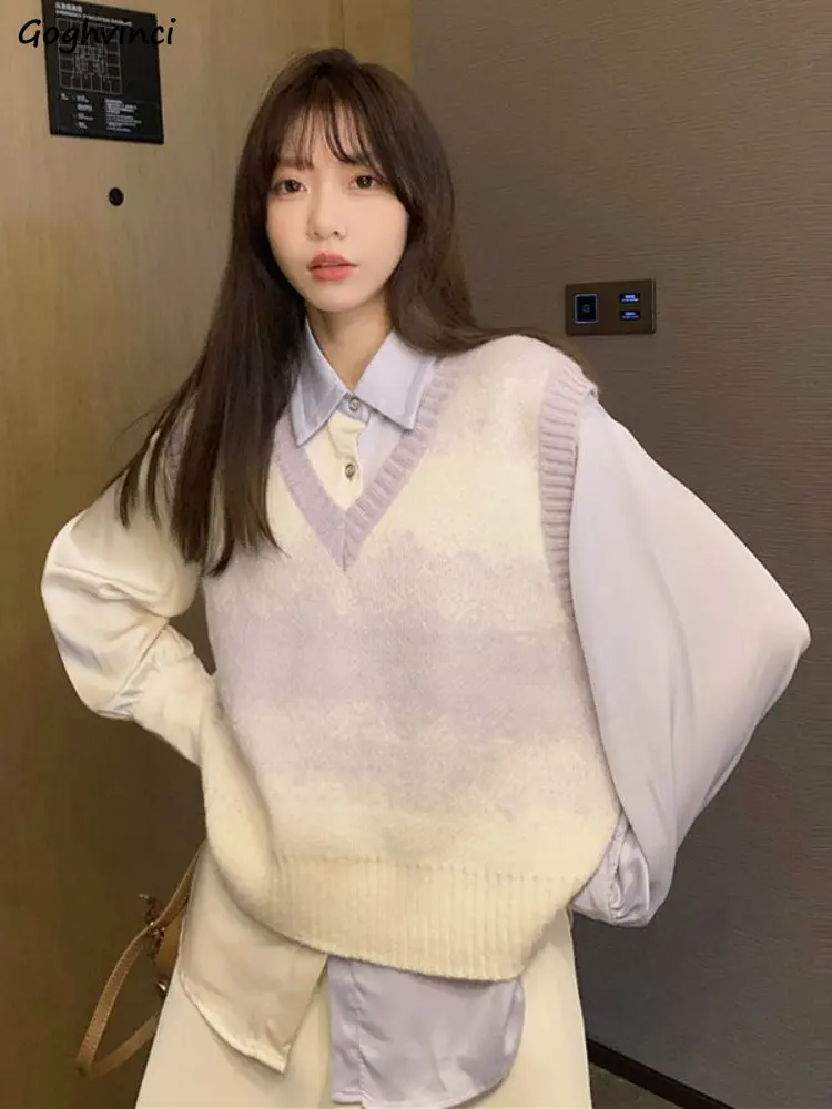 Purple Sweater Vests Women All-match Gentle Japanese Style Sweet Ins Casual College Spring Fashion Vintage V-neck Knitted Loose