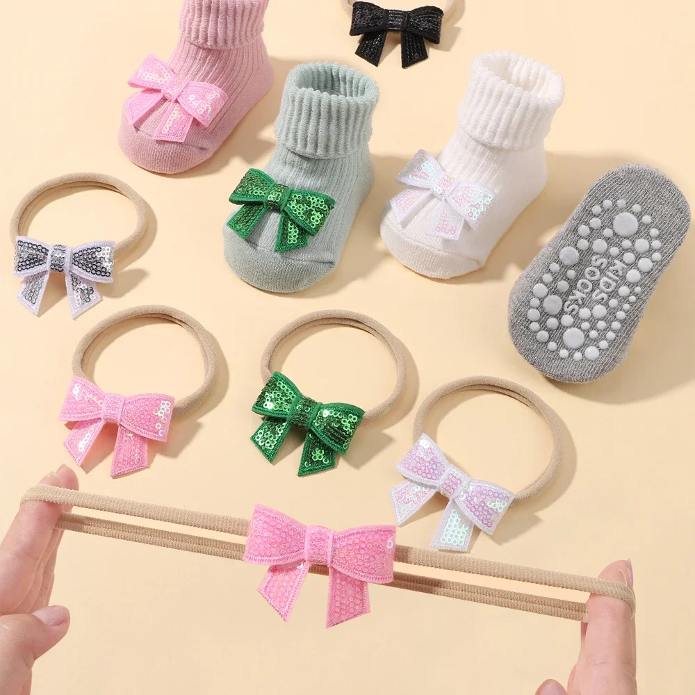 1 Set Cute Cartoon Baby Socks Hair Band Infant Toddler Non Slip Breathable Short Socks Newborn Sequin Bows Headband Sets Gift