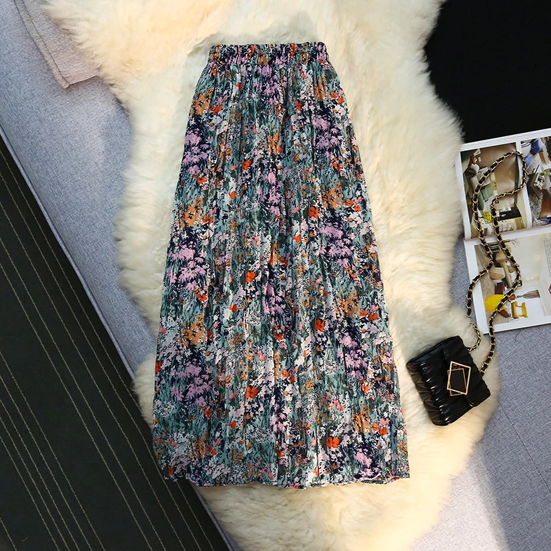 

Chiffon Floral Print Skirt Women's Summer Split Pleated Skirt Elastic High Waist A-line Medium Length A Line Plissee Skirts 2023