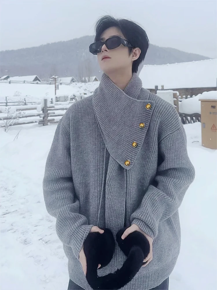 

Мужской свободный вязаный свитер с высоким воротником, зимний модный свитер в стиле Lazy Style с воротником-шарфом, удобное пальто из полиэфирного волокна