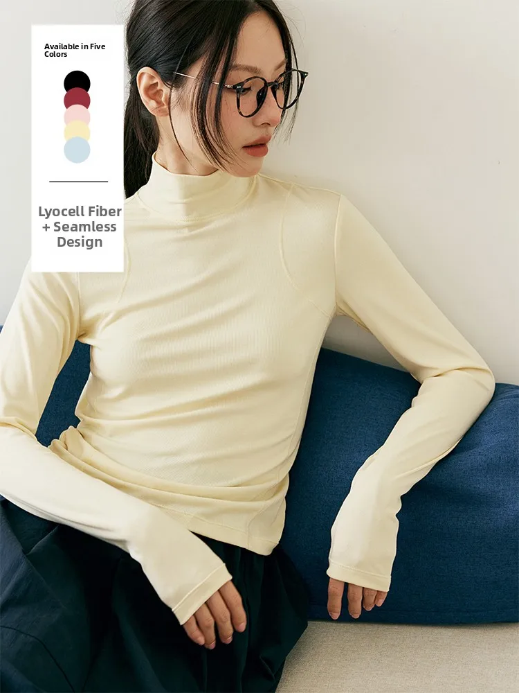 

Женская повседневная футболка с короткими рукавами, внутренняя одежда, шелковая лиоцелевая ткань, высокий воротник, базовый слой, топ, весенне-осенний сезон, длинный све