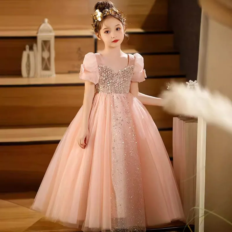 Girls' Spring Children's Light Luxury Princess Pink Girl Host Piano Performance Birthday Evening Dress