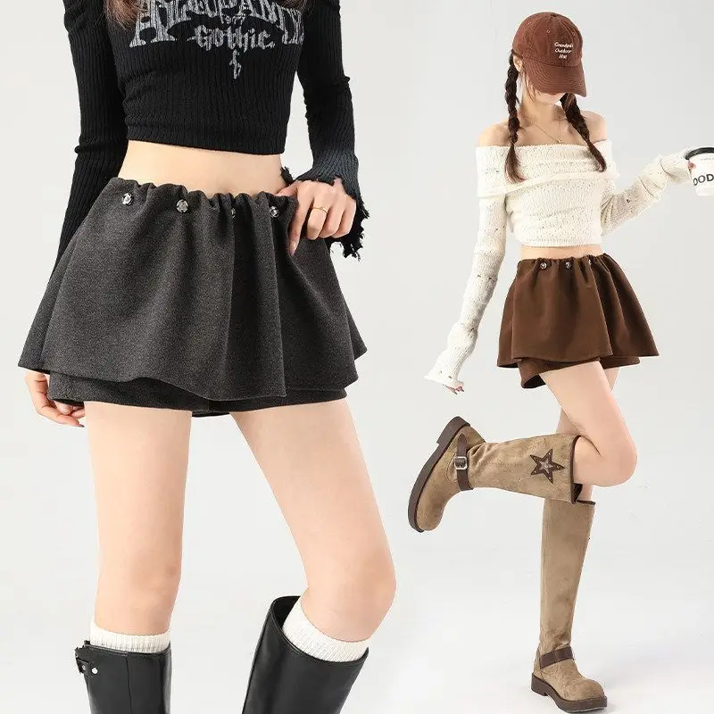 High Waist A-Line  Skirt Women's Winter Warm Woolen Short Fluffy Brown Color Korean Style Polyester Fabric Pure Color