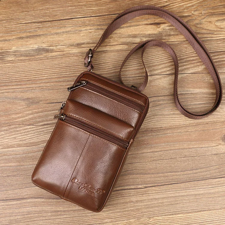 Men\'s Leather Mini Crossbody Bag 7-inch Waist Bag Wearing Belt Multi functional Mobile Bag Cow Leather Wallet