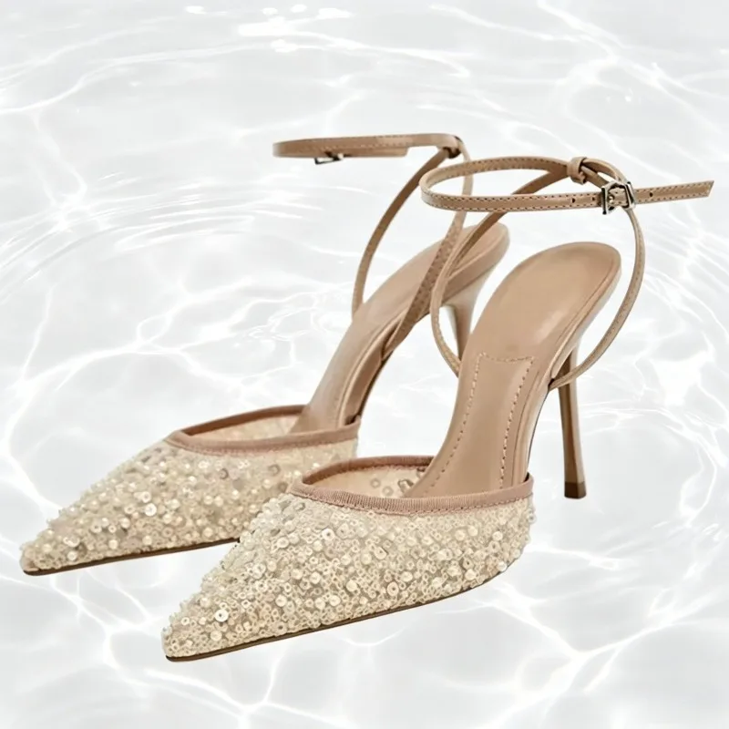 Designer Mesh Bling String Bead Decoration Mules Heeled Sandals Women Sexy Pointed Toe Ankle Strap High Heels Elegant Party Shoe