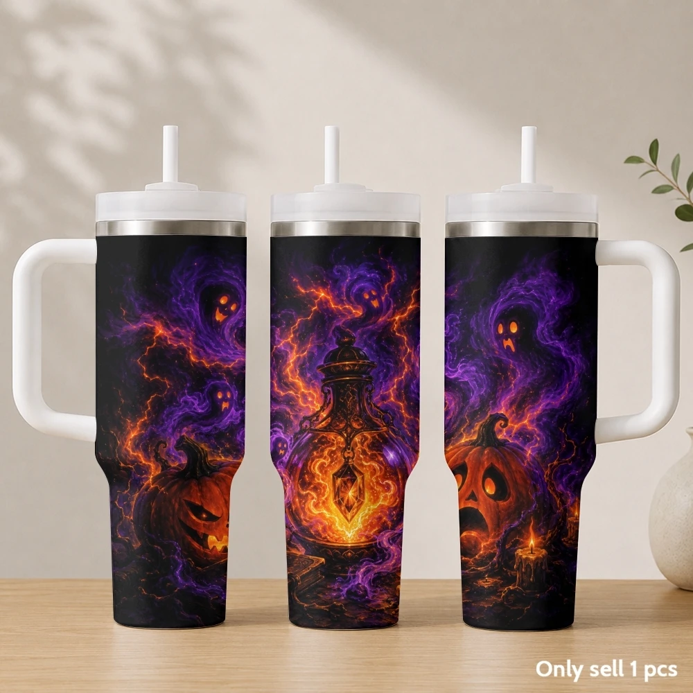 Halloween pumpkin ghosts Vacuum Flasks 40oz Stainless Steel Insulated Tumbler with Handle & Straw Leakproof Travel Mug