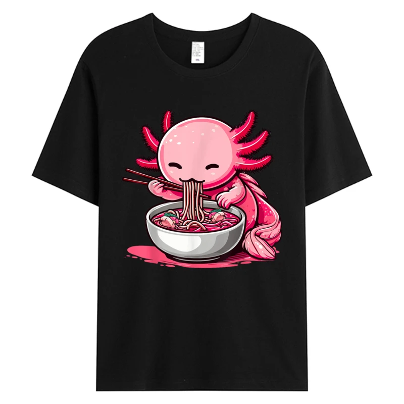

Funny Axolotl Noodle Gifts Anime Kawaii T-shirts Eating Ramen Noodles Unisex Adult Men's Cotton Print T-shirt Black Tee