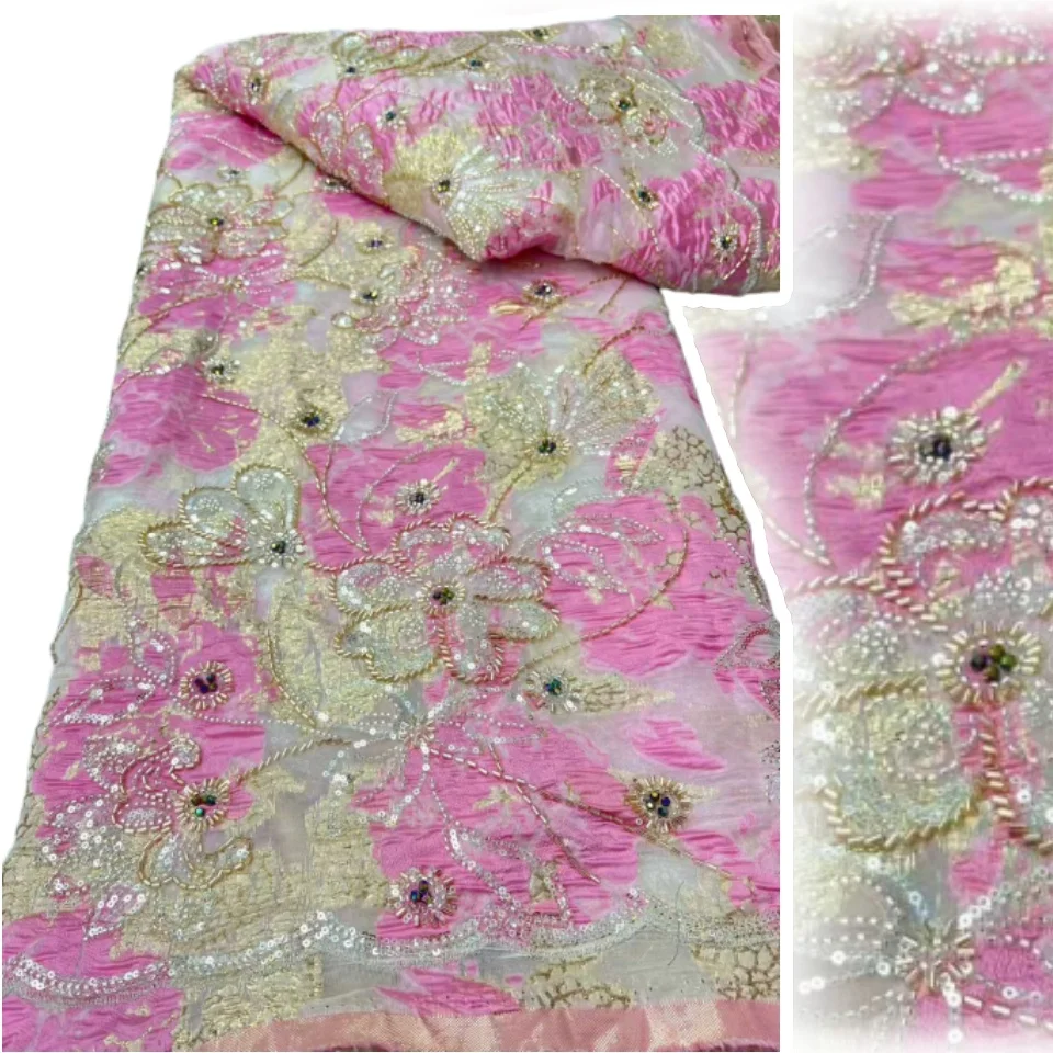 Africano jacquard lantejoulas renda dourada nigeriano brocado contas tecido de renda vestidos de festa à noite para mulheres costura 5 metros sz1712