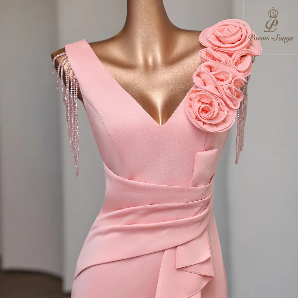 Robe de soirée sirène rose personnalisée, col en V, accent floral, fente latérale, en satin, robe de soirée formelle pour femmes, vestidos de fiesta