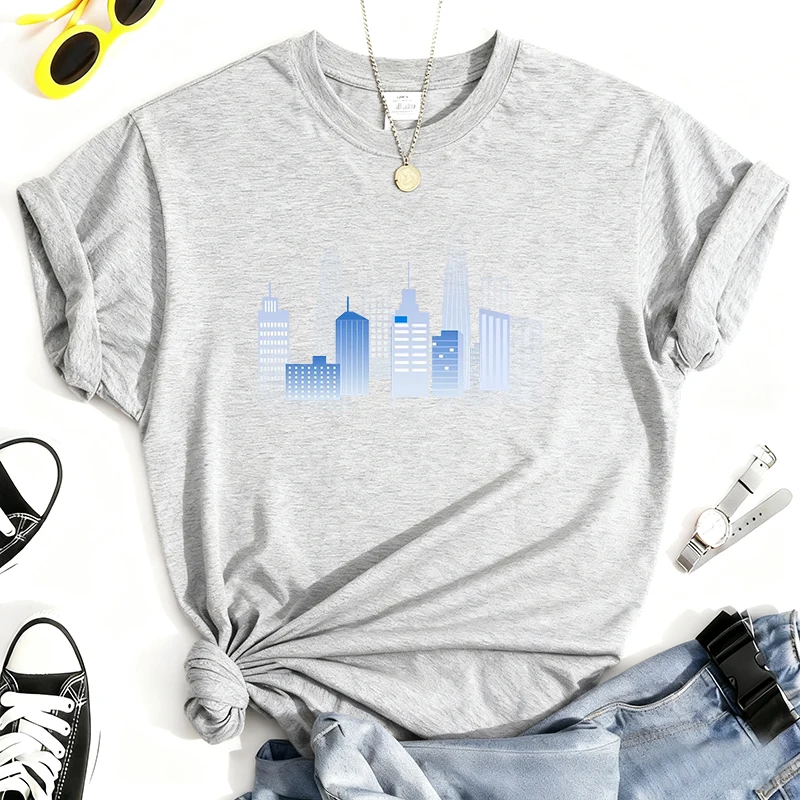 تي شيرت 100% من القطن الخالص مطبوع عليه بناء المدينة برقبة دائرية، قميص كاجوال بأكمام قصيرة كل يوم لجميع المواسم، ملابس نسائية