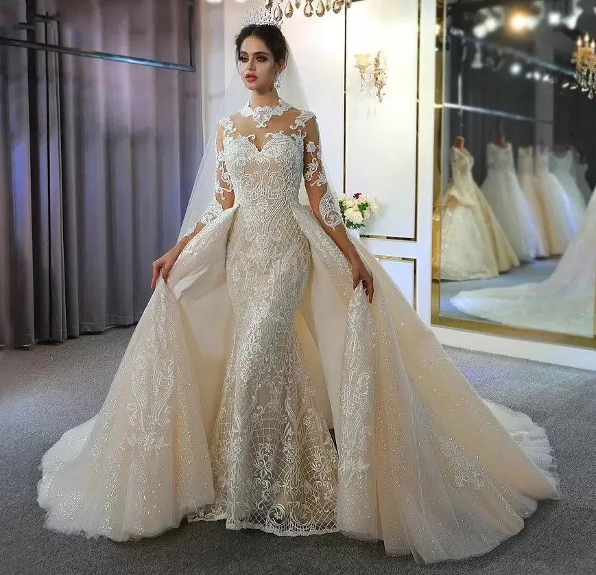 2025 Luxury Long Sleeves Mermaid Wedding Dress With Detachable Train High Neck Lace Muslim Bridal Gowns Vestidos De Noiva