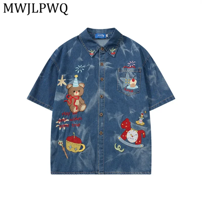 

MWJLPWQ Embroidered Denim Short-Sleeve Shirts For Men Summer Trendy Street Style Tie-Dye Distressed Loose Fit Lapel Tops 16563