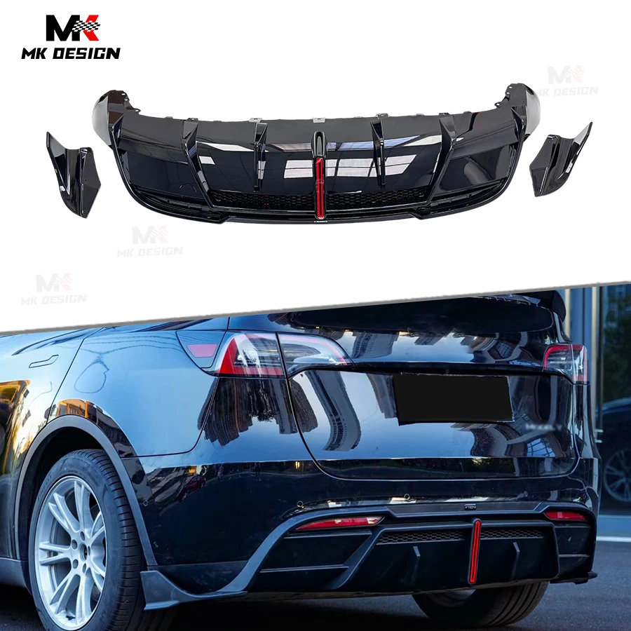 Gloss Black VTEN Rear Bumper Lip Diffuser Side Splitter Winglets for Tesla Model Y 2020-2024 PP Material Rear Diffuser Splitters