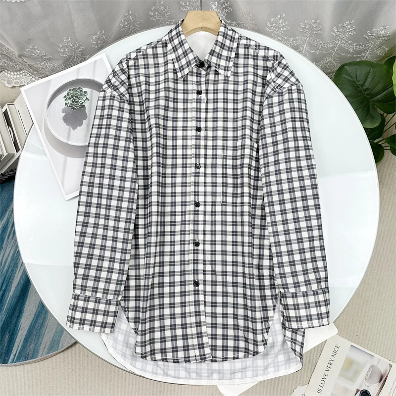 

Loose Long Sleeve Plaid Shirt Women's Black White Autumn New Style Commute Style Polyester Fabric Collar Button Closure