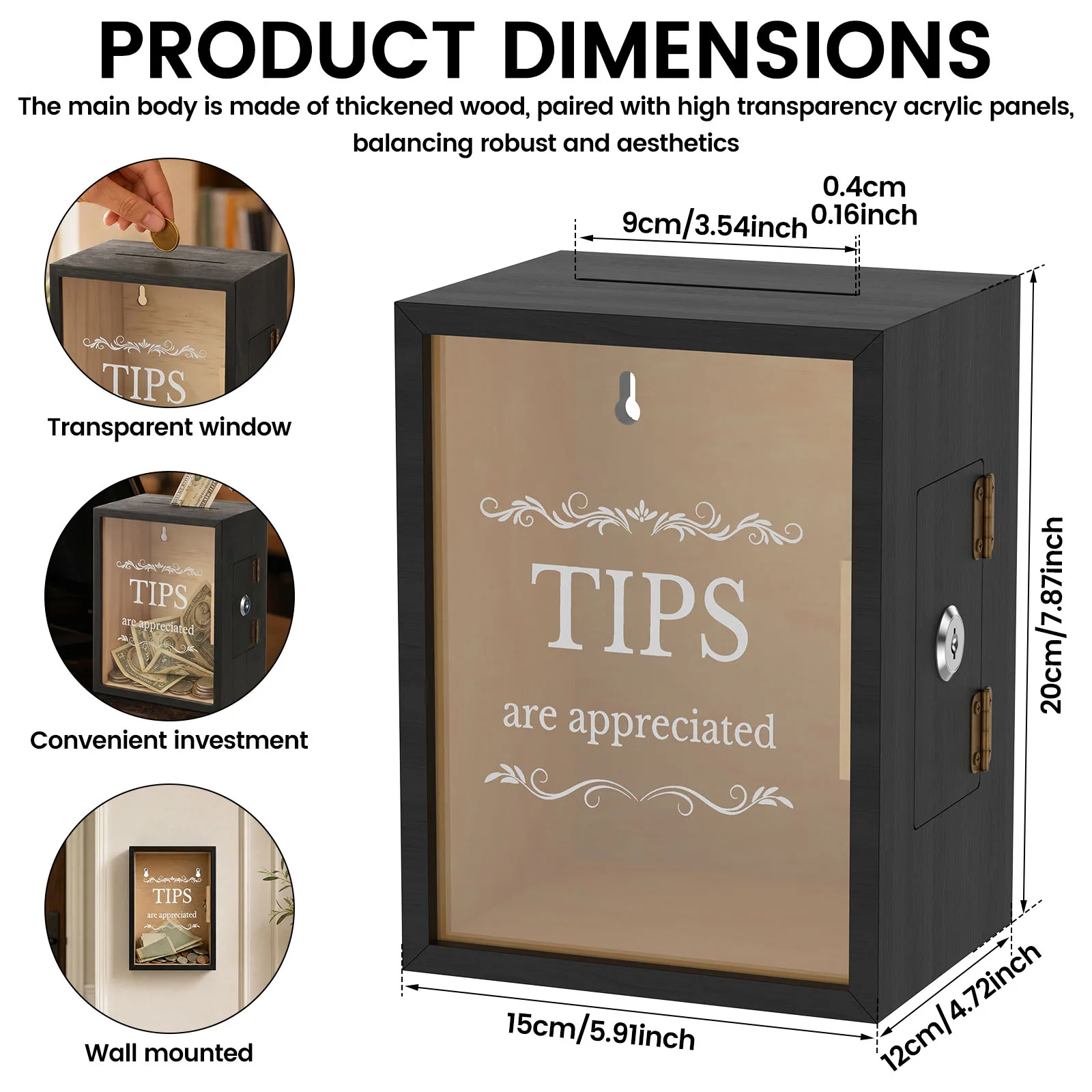 Wooden Tip Jar Restaurant Bar Tip Collection Box Money Coin Saving Box Donation Collection Suggestion Raffle Cash Box with Locks