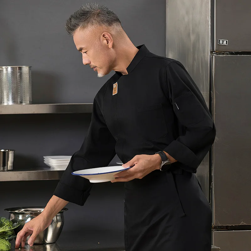 Monos de Chef a la moda de manga larga para hombre y mujer, uniforme de Chef de Hotel, estampado, comedor, restaurante, espalda, cocina, Otoño e Invierno