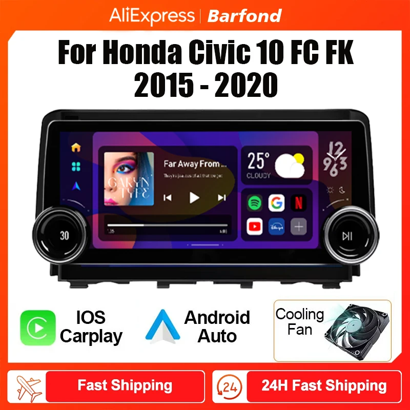 

12,3-дюймовый автомобильный мультимедийный видеоплеер Android для Honda Civic 10 FC FK 2015-2020 с большим экраном, радиоприемник 2DIN Carplay