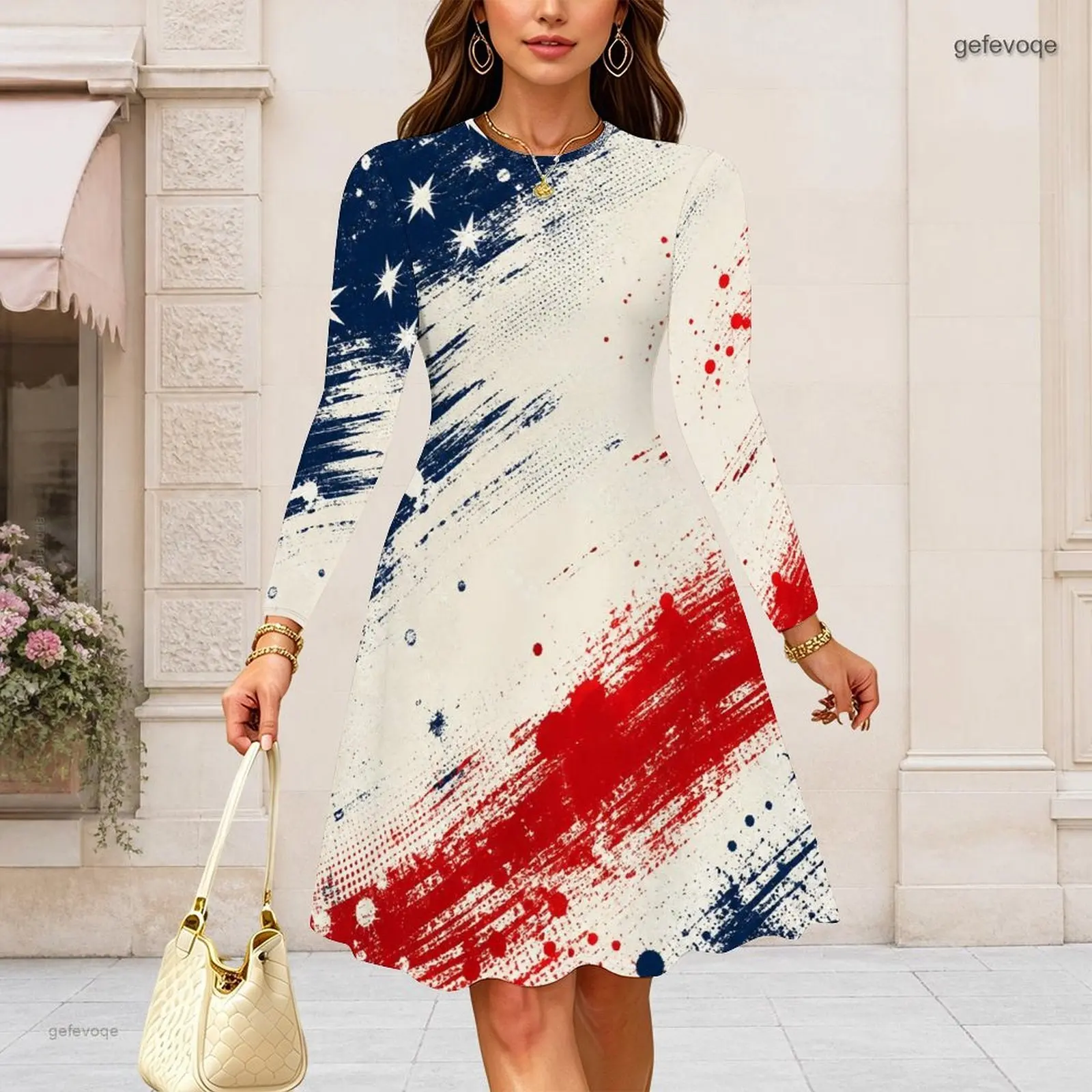 Women Round Neck Long Sleeve Midi Dress Slim Fit Waist A Line Swing Dresses Custom Print Lady Daily Party Dress