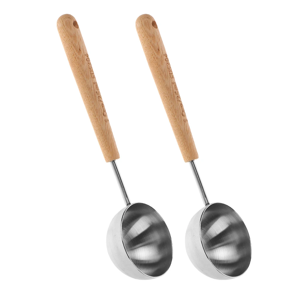 

2Pcs Wooden Handle Measuring Spoon 25ml Stainless Steel Silver Coffee Milk Powder Scoop Bean Loose Tea Spoon Scale