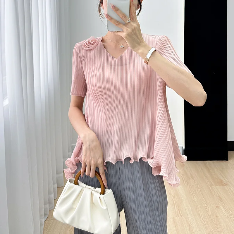 Miyake Style Pleated Top Women 2024 Summer High Elastic Large Size Flower Slimming Temperament V-neck T-shirt Bottoming Shirt