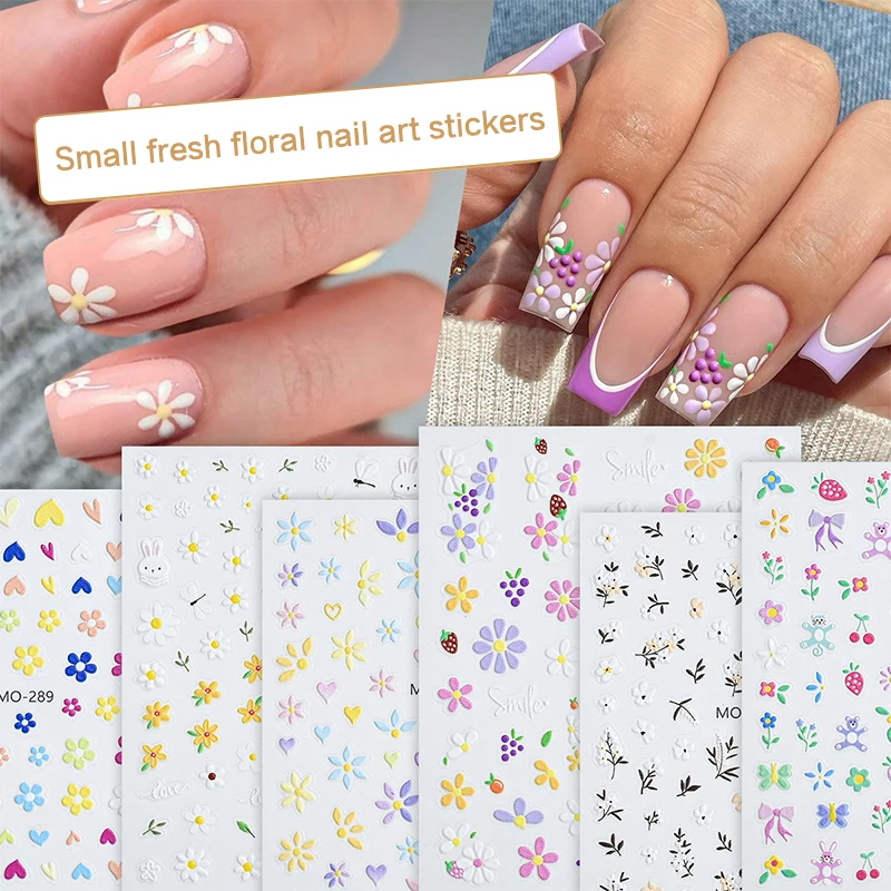 

Embossed 5D Nail Art Stickers Colorful Flowers Bow Heart Daisy Tulip Sliders For Nails Manicure Decals