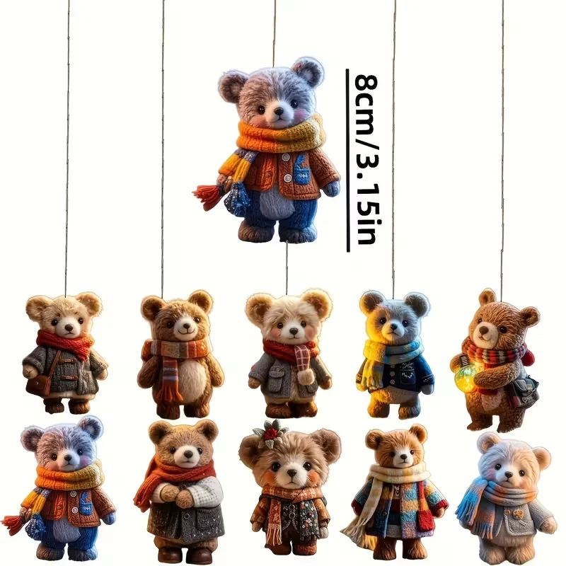 10 زخارف على شكل دب خشبي مصنوعة يدويًا - معلقات جو عيد الميلاد بأنماط قديمة وحديثة، تتميز بالأوشحة والمعاطف