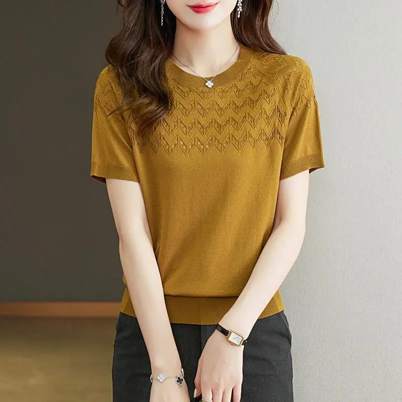 Summer New Fashion High End Ice Silk Knitted Short Sleeve T-shirt Women\'s Round Neck Patchwork Hollow Out Screw Thread Thin Top