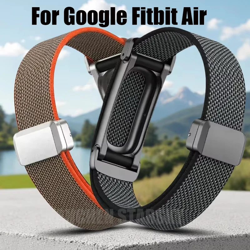 Offizielles Nylon-Uhrenarmband für Google Fitbit Air, gewebtes Armband mit magnetischer Schnalle + Metallschutzrahmen-Armband für Fitbit Air