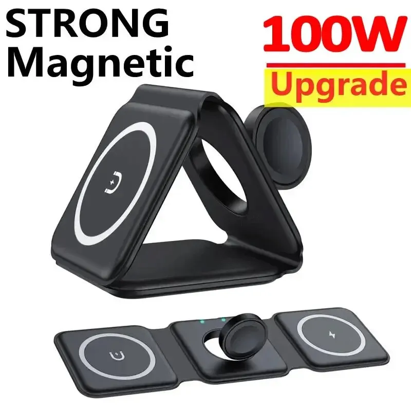 Foldalble Magnetic Wireless Charger Pad 3 in 1 Fast Charging Station for iPhone 15 14 13 12 Pro Max Apple Watch 8 7 6 AirPods