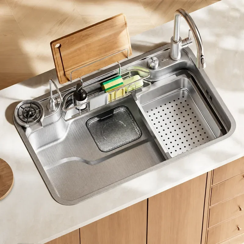 3D Embossed Large Single Bowl Kitchen Sink 304 Stainless Steel Thickened Vegetable Basin Undermount Design for Modern Home