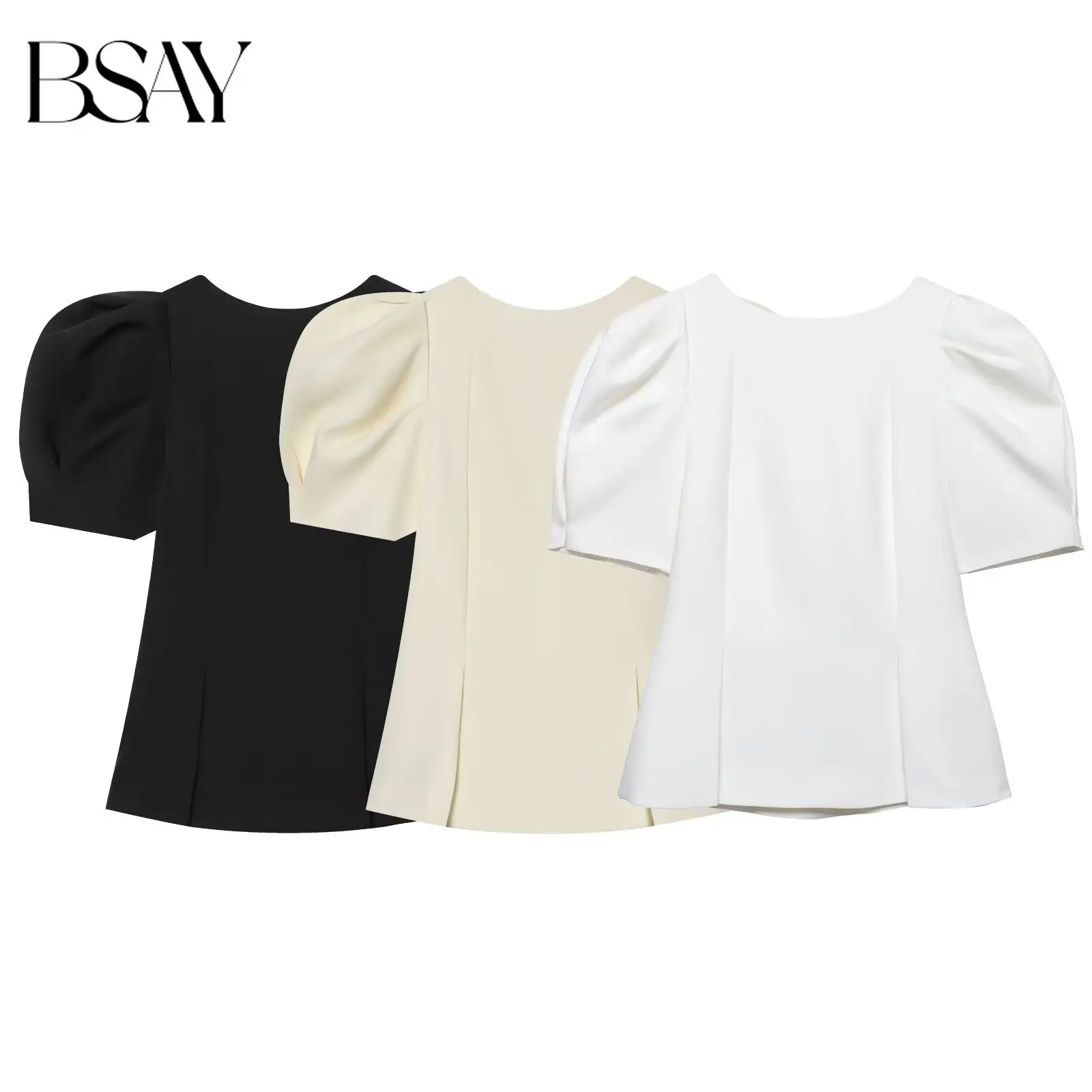 BSAY Damen Mode Bluse mit Puffärmeln Sommer Neu Einfarbig A-Linien-Saum Tailliert mit Schlitz Schicke Damen-Oberteile Mujer