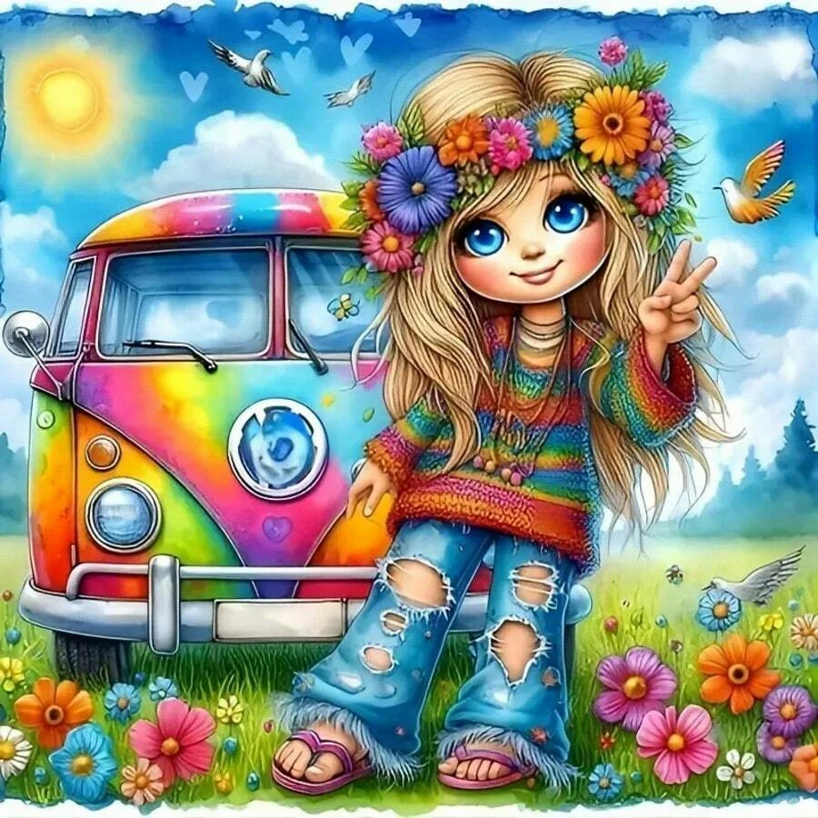 Hippie Girl with Rainbow Van in Flower Field 5D DIY Full Diamond Painting Kit Diamond Sticker Handmade Art for Home Wall Decor