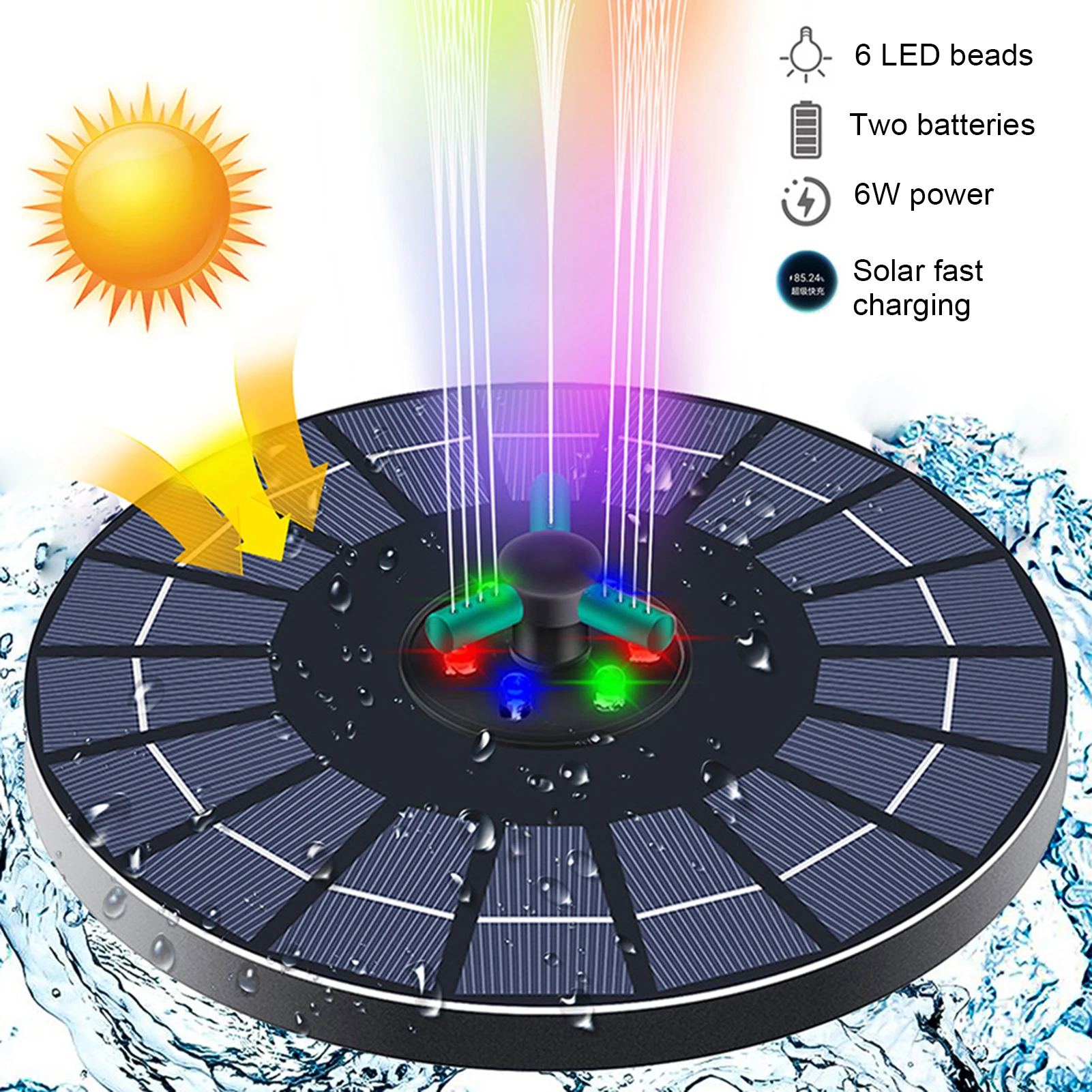 Solar Fountain with RGB Color Light, 6W 9V High-Efficiency Glass Solar Panel, Floating Fountain Pump with 7 Sprayer Nozzles