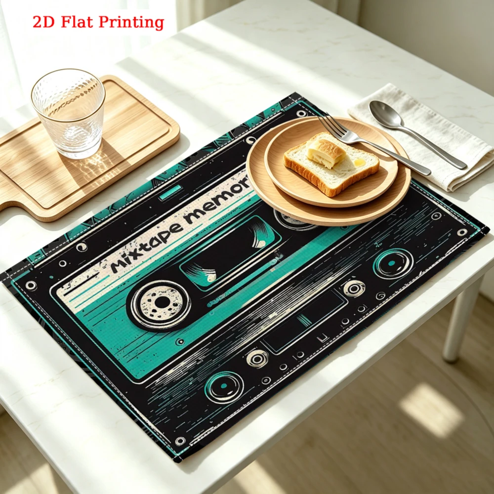 2Pcs Retro Cassette Tape Placemat Black Teal Mixtape Memory Table Mat Kitchen Dining Decor Non Slip Heat Resistant 30X40Cm