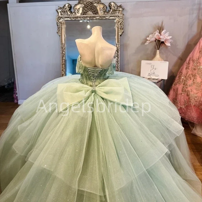 Angelsbride Sage Green brokatowa suknia balowa z koralikami suknie na Quinceanera 2025 meksyk urodziny Vestidos De 15 Quinceañera