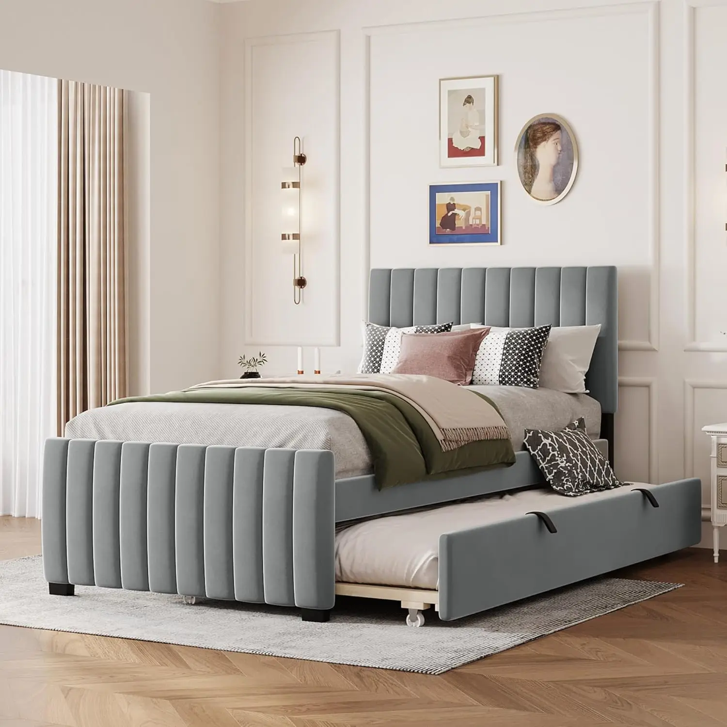 Cama con plataforma tapizada de terciopelo tamaño doble, estructura de cama de madera con cama nido tamaño doble, gris