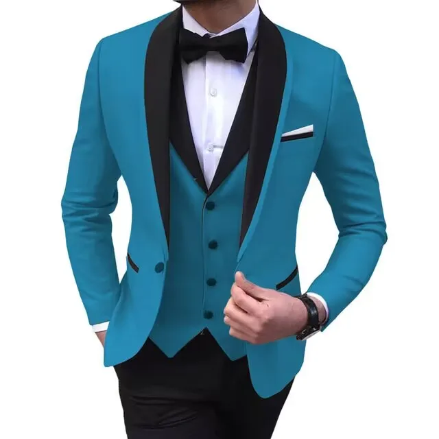 Solid Men\'s 3 Pieces Wedding Suit One Button Shawl Lapel Jacket Vest Pants Dinner Groom Tuxedos Slim Fit Formal Business Suits