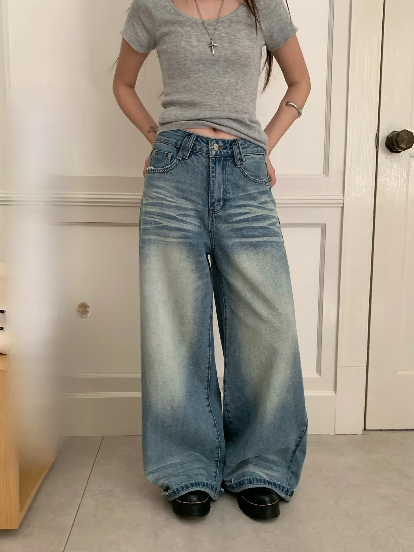 

Retro Washed Blue Denim Jeans Women's Loose Straight Leg Wide Leg Pants Drapey Long Trousers Summer Shiny Natural Waist Jeans