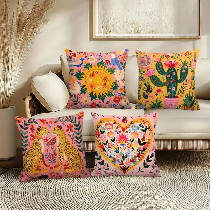 4pcs Decorative Throw Pillow Covers - Desert Floral & Leopard Print Cushion Cases with Zipper Closure, Soft Pastel backgrounds -