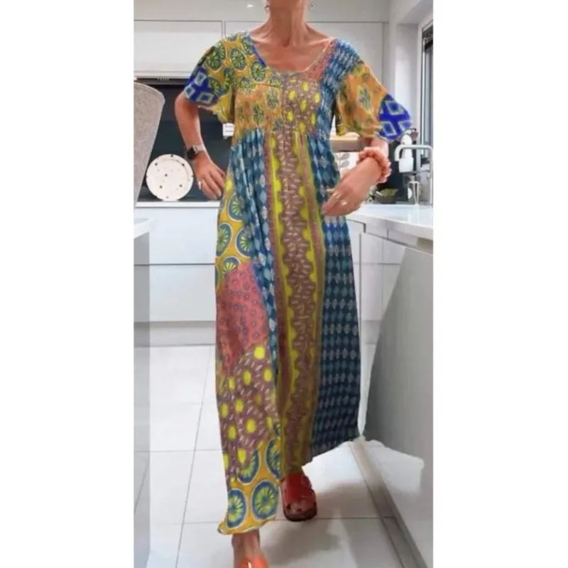 Women's Casual Elegant Retro Bohemian Long Dresses V-neck Elastic Waist Large Swing Printed Summer Long Vestidos Female Clothing