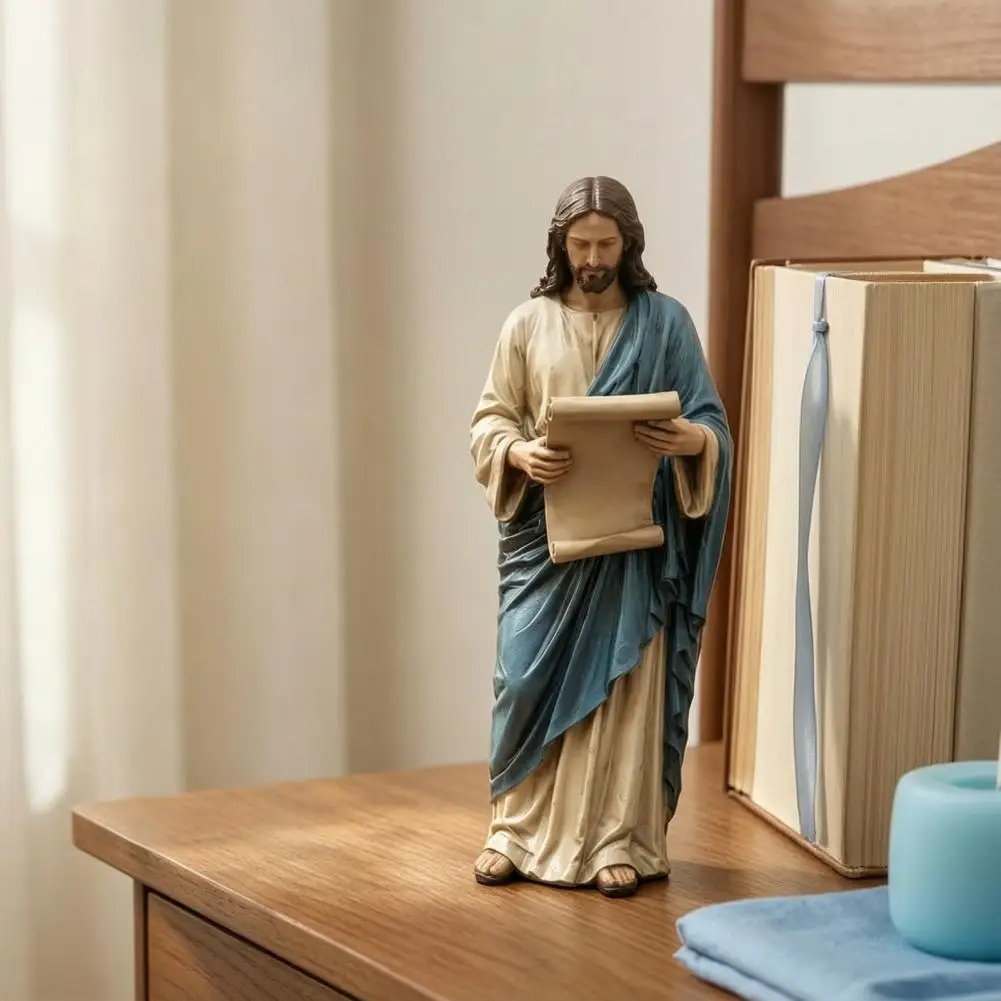 Jesus Reading Bookshelf Figure Vintage Holy Christian Sculpture Blessed Resin Statue for Home Office Desk Living Room Decor