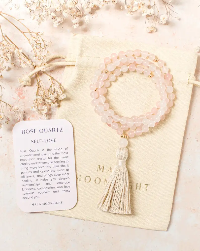 Rose Quartz Mala Beads, 108 Mala Necklace for Women, Crystal Prayer Beads, Gemstone Mala, Yoga Gift for Her, Crystal Gift for