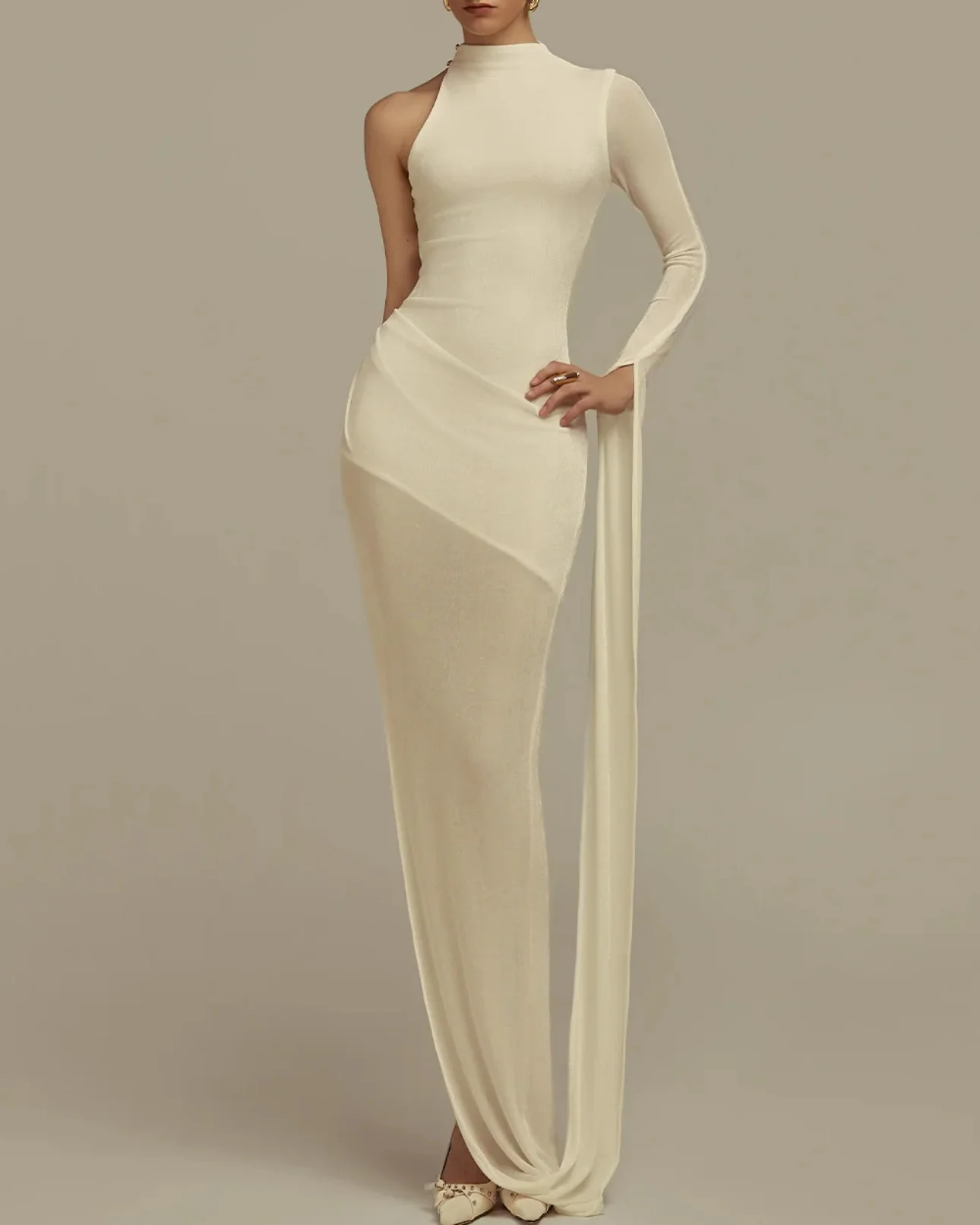 تخصيص الحديثة جيرسي مستقيم واحد الكتف مساء اللباس حساسة طويلة الأكمام عالية طوق الطابق طول فساتين المشاهير