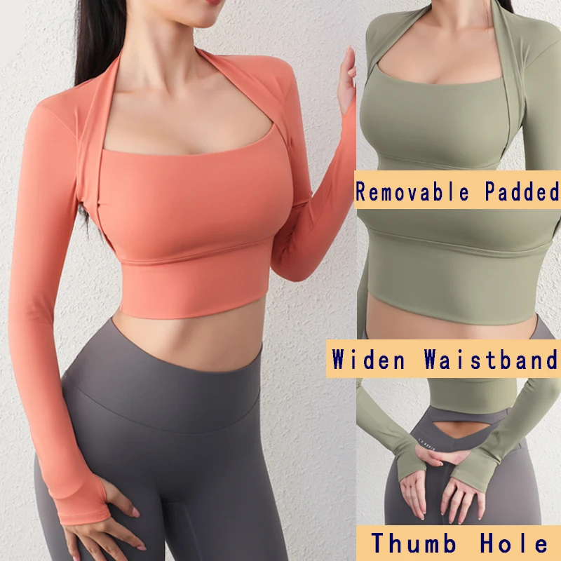 PofyBofy Removable Padded Shawl Neck Thumb Hole Widen Waistband Elastic Women Long Sleeve Shirt Fitness Dance Yoga Sport Tops