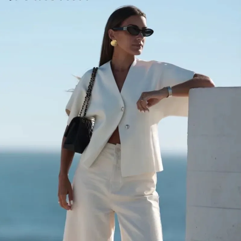 

Women's Clothing V Neck Shirt Slit Short Sleeves Top White Trendy Versatile Y2k Top Office Ladies Shirts Slim Design Tops