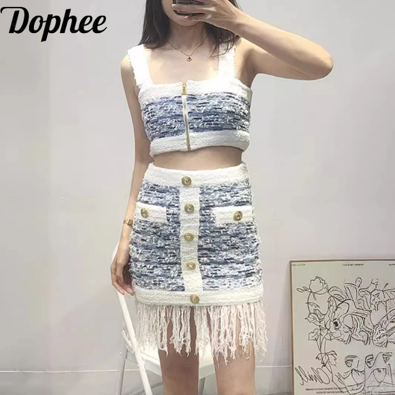 High Quality Summer Women Two-piece Set Elegant Tweeds Zip Camisole Crop Top + High Waist Slim Tassel Skirt Lady Skirt Top Suits