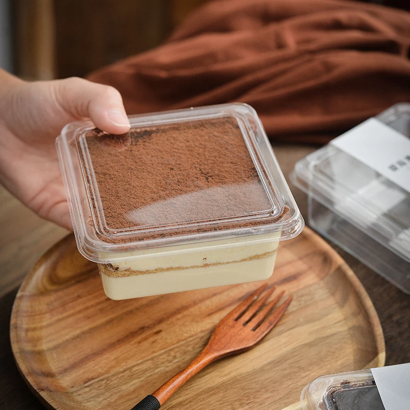 50pcs Tiramisu Container with Lid Square Plastic Cake Packaging Box 370ml Disposable Baking Food Mousses Dessert Cup